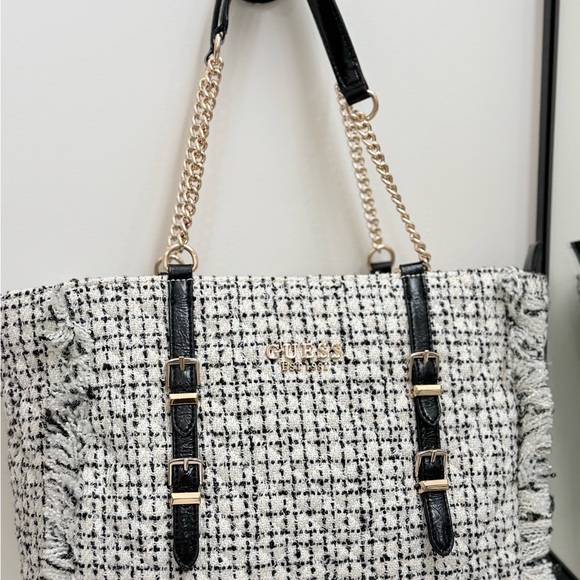 Guess Handbags - Guess Tweed Tote with Gold Chain and Black Accents